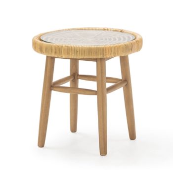 mesa auxiliar de madera y mimbre redonda