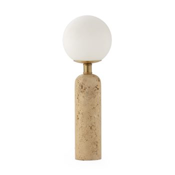 LAMPARA SOBREMESA 15x15x45 MARMOL TRAVENTINO-METAL DORADO-CRISTAL BLANCO