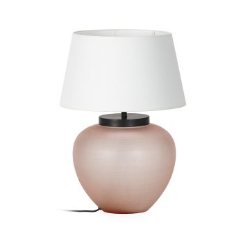 Lámpara de sobremesa de cristal rosado tallado a mano con pantalla blanca, diseño artesanal de Abitare Decoración