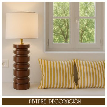 lámpara de sobremesa madera nogal y metal dorado para interiores